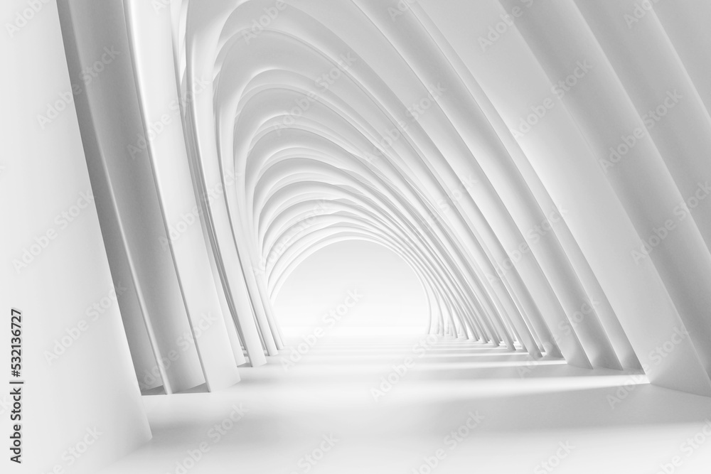 Fototapete 3d render of abstract futuristic architecture design. white concrete floor for car presentation.