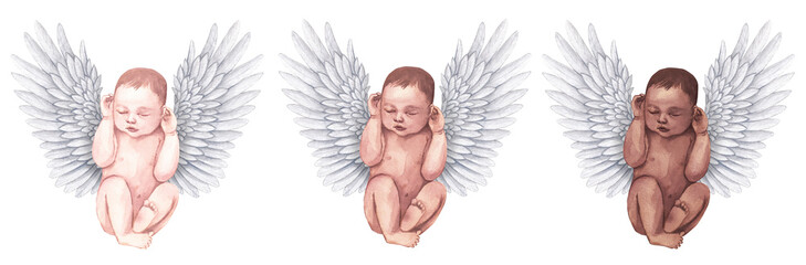 Newborn sleeping angel, watercolor baby shower clipart. Baby angel clipart