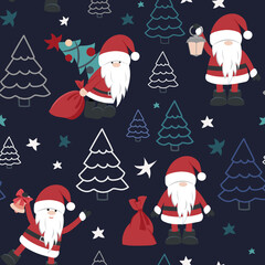 Cute Christmas pattern with Santa Claus, Christmas trees and gift . Seamless pattern.