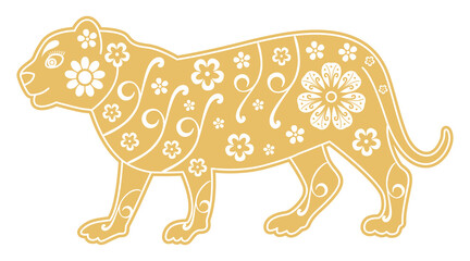 Golden tiger. Chinese horoscope 2022 year. Floral ornament. Animal symbol