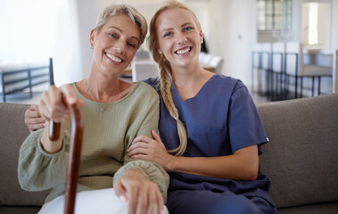 Portrait nurse and senior woman with cane on sofa for help, trust and healthcare support at nursing...
