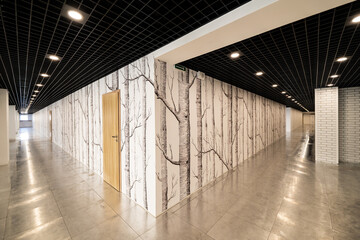 perspective of the empty corridor with many doors