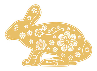 Golden rabbit.Chinese horoscope 2023 year. Floral ornament. Animal symbol