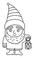 Little gnome. Hand drawn line doodle garden gnome sketch. Black and white outline png illustration. Cute dwarf character with lantern
