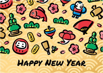 Japanese New Year Illustration for banners, backgrounds, New Year's cards, and various promotions.(A-size horizontal,English version)