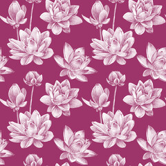 Fototapeta na wymiar Hand drawn lotus flowers Seamless pattern. White flower on a pink background. For fabric, sketchbook, wallpaper, wrapping paper.
