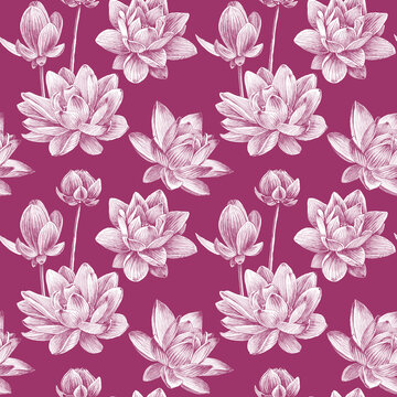 Hand drawn lotus flowers Seamless pattern. White flower on a pink background. For fabric, sketchbook, wallpaper, wrapping paper.