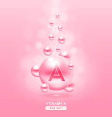 Vitamin A pink ball fall to ground. Serum vitamins complex with chemical formula. Beauty treatment nutrition skin care design. Medical and scientific concepts. 3D Realistic Vector EPS10.