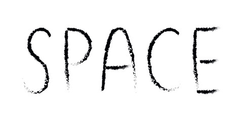 Doodle cosmos lettering in childish style. Hand drawn abstract space text space. Black and white