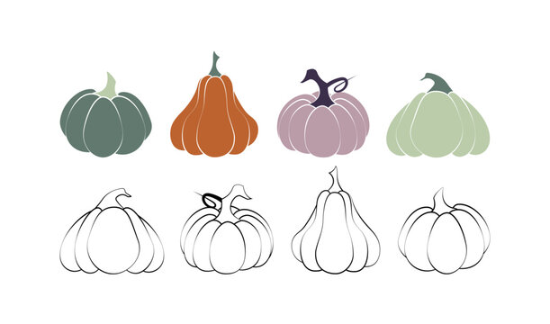 A set of pumpkins in various shapes, black outlined and colored. Vector collection of cute hand drawn pumpkins on white background. Elements for autumn decorative design, halloween invitation, harvest