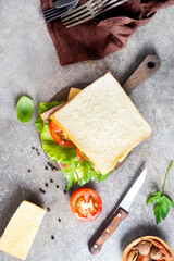 Toast with ham and cheese served on sandwich plate on a stone table