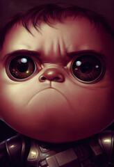 Fototapeta na wymiar Angry cyborg toddler kid with big robot eyes, digital illustration