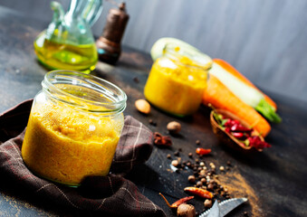 Delicious squash caviar in a jar on the table. Homemade caviar with zucchini, garlic, carrots,...