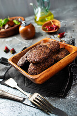 Tasty liver cutlets on the table. The top view