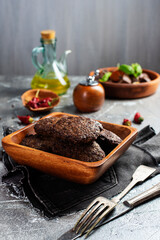 Tasty liver cutlets on the table. The top view