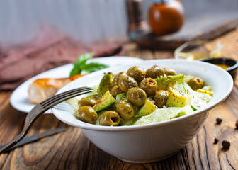 Greek salad. Fresh vegetable salad of cucumbers, tomatoes, olives, onion
