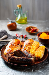 Sausages, chicken, fish fried with spices and herbs, Selective focus