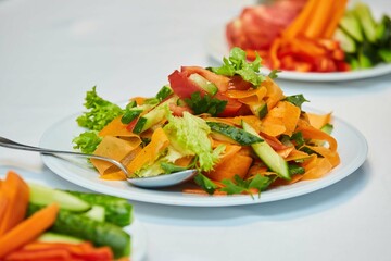 Vegetable salad on a plate. Beautiful serving of food in a restaurant.