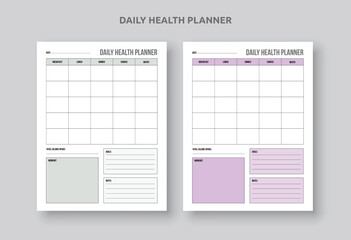 Daily Health Meal planner Schedule. Diet plan. Fitness, Notes, To-Do List.