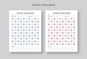 100 Days Challenge Planner Sheets with Goal, 100 Days Habit Tracker - obrazy, fototapety, plakaty