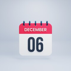 December Realistic Calendar Icon 3D Rendered Date December 06