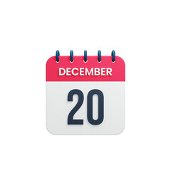 December Realistic Calendar Icon 3D Rendered Date December 20