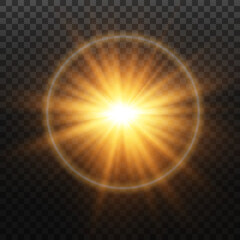 Golden star, on a transparent background, the effect of glow and rays of light, glowing lights, sun.vector.