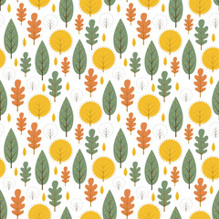 Decorative leaves seamless pattern. Cute nature background with trees. Scandinavian style forest vector illustration. Design for textile, wallpaper, and fabric.