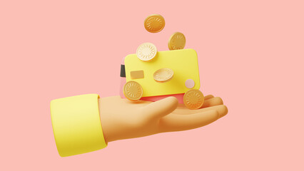 3d rendering saving money concept. Coins, credit card in hand. 3d illustration, render