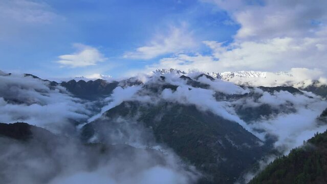 Drone Shot of a cloudy Sainj Valley in Himachal Pradesh near Manali, Kasol