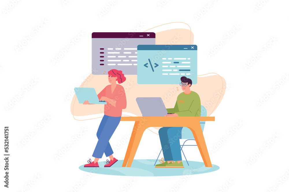 Poster concept software developers with people scene in the flat cartoon design. two programmers are testin