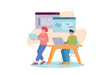 Concept Software developers with people scene in the flat cartoon design. Two programmers are testing software for a customer. Vector illustration.