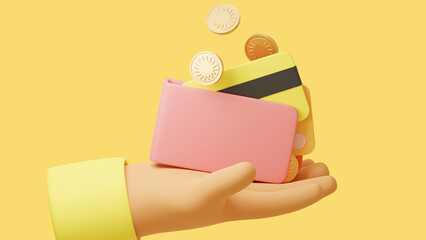3d rendering saving money concept. Wallet and coins, credit card. 3d illustration, render