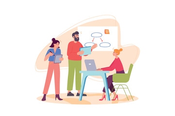 Business people concept with people scene in the flat cartoon design. Businesswoman gives business advice to two young workers. Vector illustration. Vector illustration.