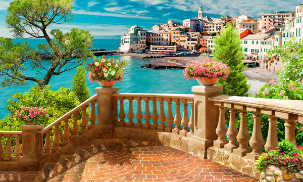 The harbor of the sea town. Photo wallpapers. The fresco.