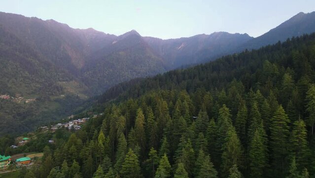 Drone Shot of a forest in Sainj Valley in Himachal Pradesh near Manali, Kasol