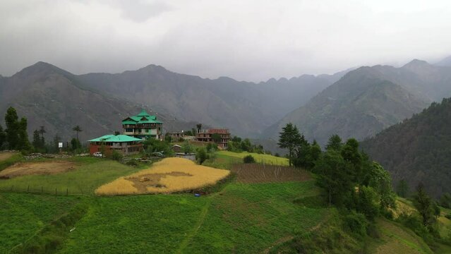 Drone Shot of a small village in Sainj Valley in Himachal Pradesh near Manali, Kasol