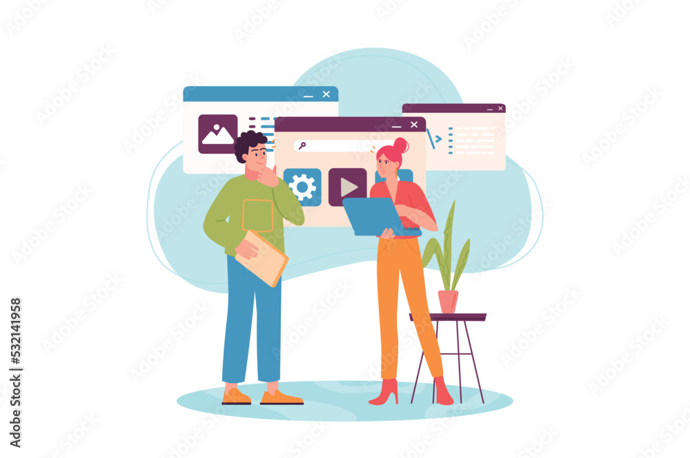 Poster concept ui ux programming with people scene in the flat cartoon style. designer coordinates the webs