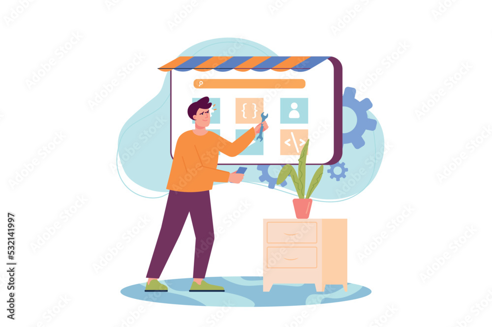 Poster web development concept with people scene in the flat cartoon style. programmer corrects errors in t