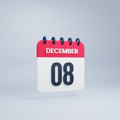 December Realistic Calendar Icon 3D Rendered Date December 08