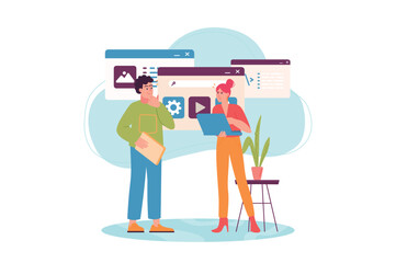 Concept UI UX programming with people scene in the flat cartoon style. Designer coordinates the website design with the client. Vector illustration.