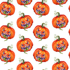 Watercolor halloween seamless pattern with scary pumpkins