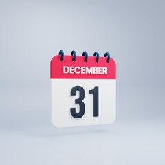 December Realistic Calendar Icon 3D Rendered Date December 31