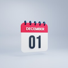 December Realistic Calendar Icon 3D Rendered Date December 01