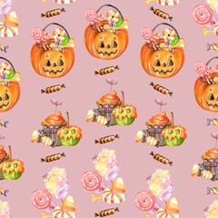 Watercolor seamless pattern with different halloween sweets
