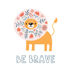 Cute lion with flowers. Modern vector illustration. Jungle life clipart. Vector illustration. Funny doodle animals. 