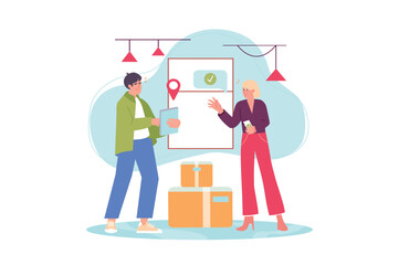Shipping concept with people scene in the flat cartoon style. Logistician explains the new scheme of goods delivery to the employee. Vector illustration.
