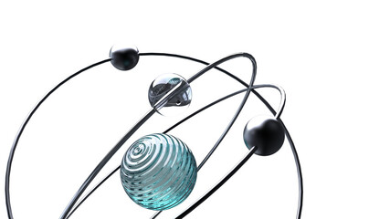 close-up of stylish atom model with light blue ridged glass center sphere isolated 3d rendering