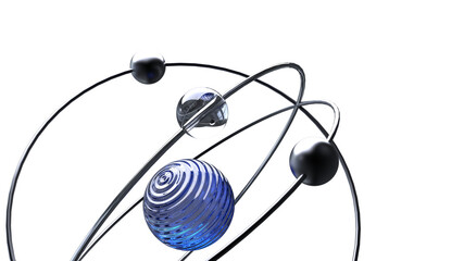 close-up of stylish atom model with blue ridged glass center sphere isolated 3d rendering