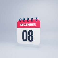 December Realistic Calendar Icon 3D Rendered Date December 08